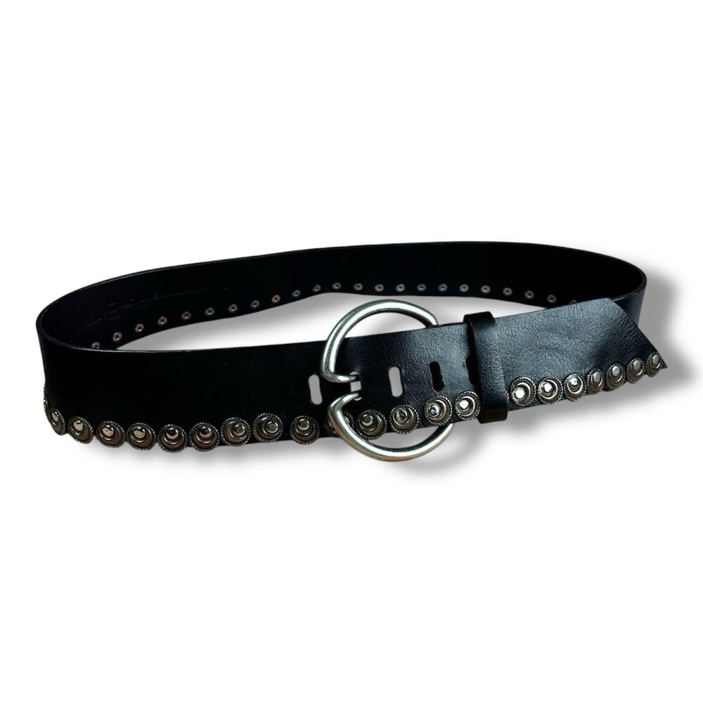Brave Wide Leather Hip Belt Black Metal Medallions Canada Sz 38 Waist 37-41”